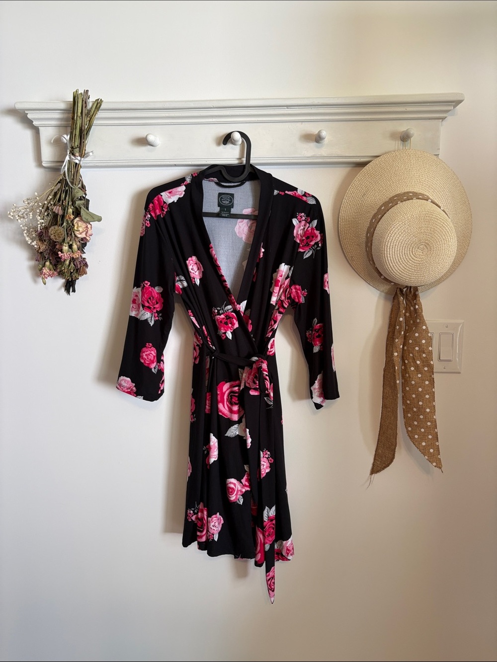 Laura Ashley Black Wrap Robe with Pink Rose Print